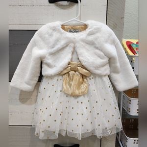 Winter gold polka-dot dress with fuzzy coat